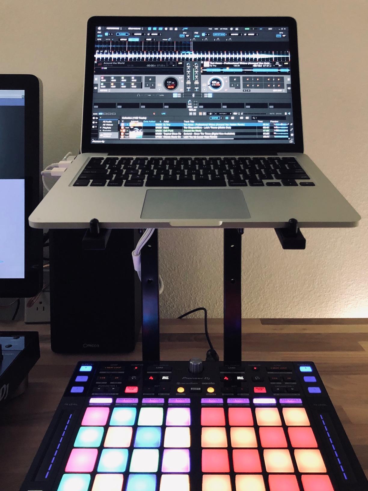 Rockville RLS2400 Lightweight Folding DJ Laptop Stand with Extra Shelf | Travel Bag Included, Steel Construction, Folds to 14