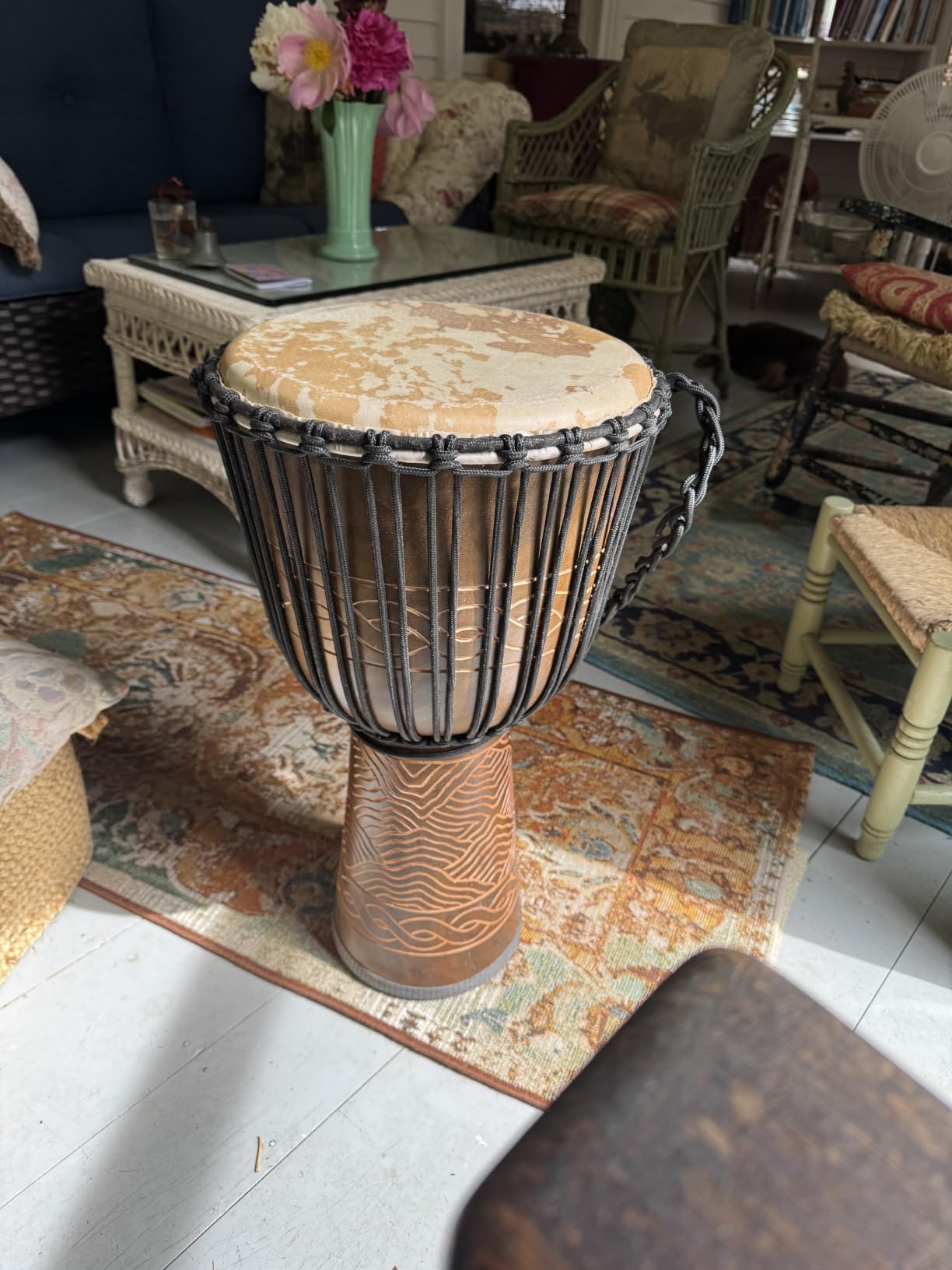 Terre Djembe Standard Line Carved - Mahogany Wood with Natural Goat Skin, 24