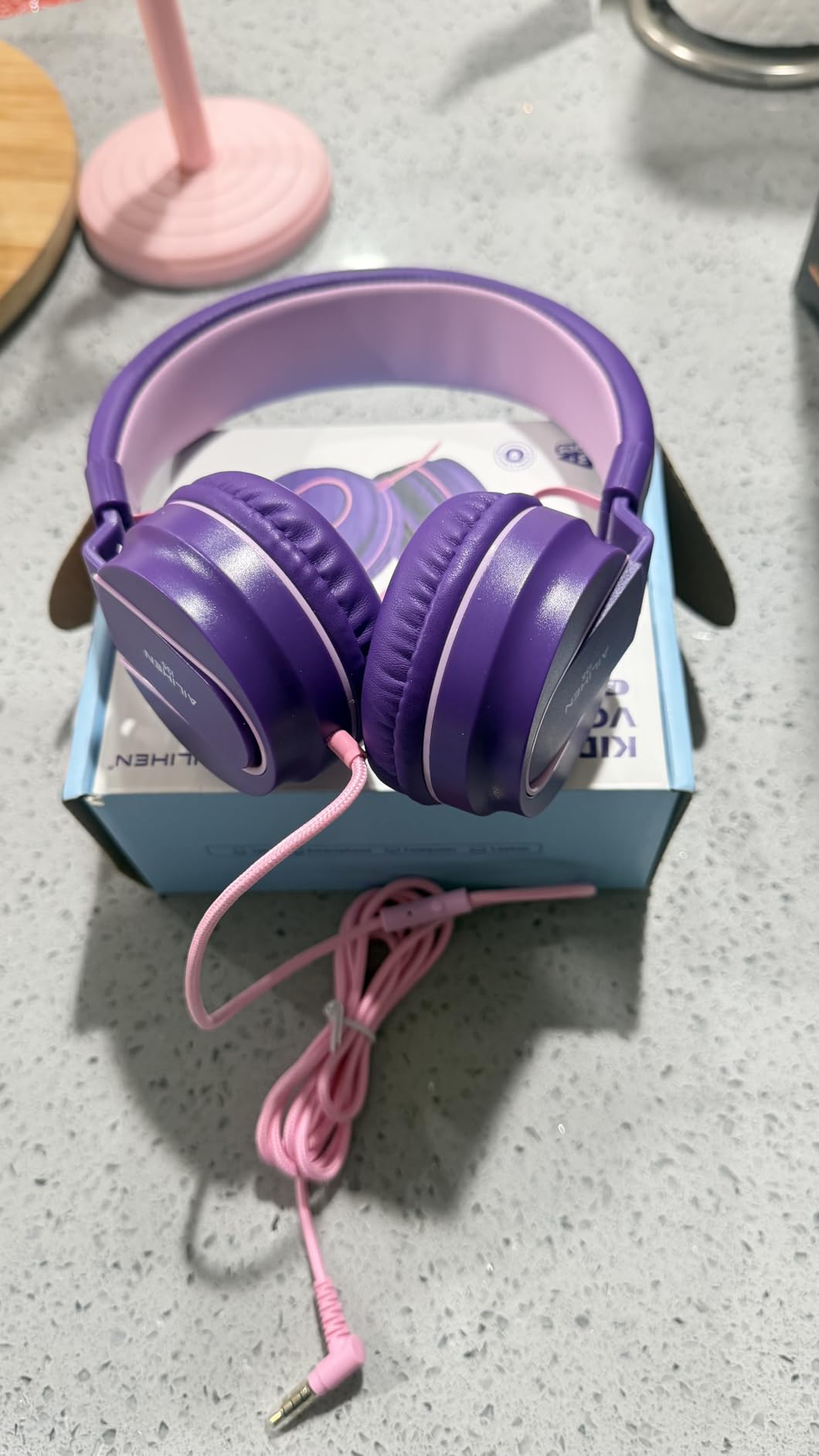 Kids Headphones for School with Microphone, 93dB Volume Limited, PinkPurple Wired On Ear Headphones for Girls Boys, Foldable Lightweight Headphone for Classroom Learning & Entertainment Travel Computer customer photo 1