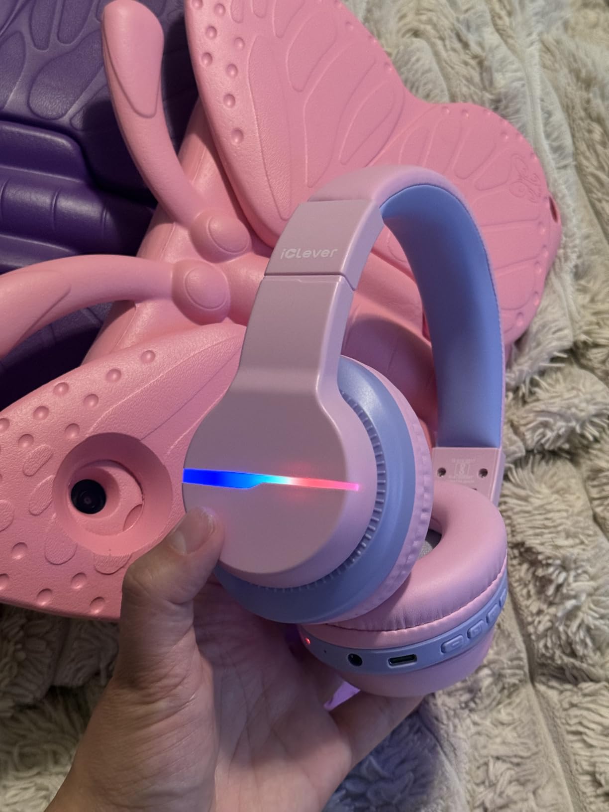 iClever BTH12 Kids Bluetooth Headphones 85H Playtime with LED Lights Travel SafeSound Tech, Stereo Sound, USB C Charging AUX Cable Over Ear Built-in Mic, Kids Wireless Headphones for Toddler Boys Girls customer photo 1