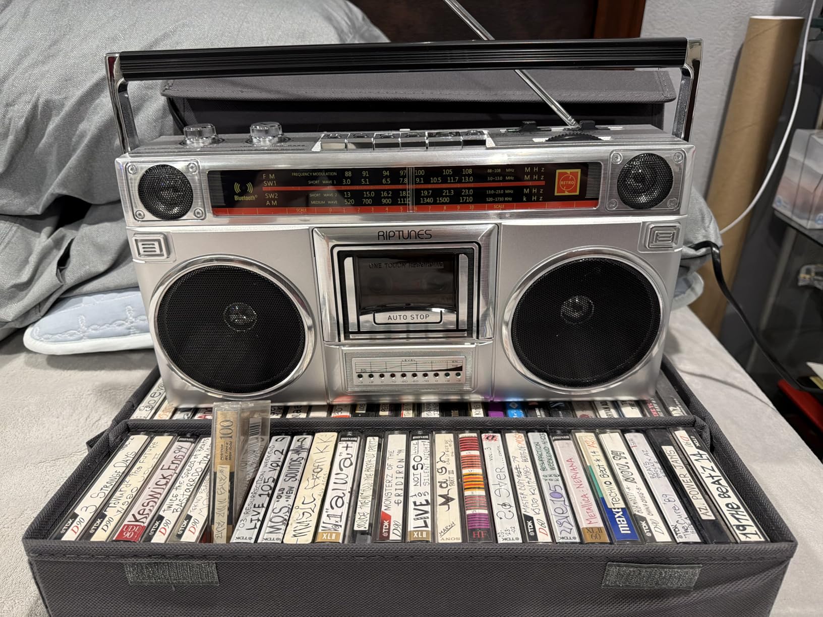 Boombox Radio Cassette Player Recorder, AM/FM-SW1/SW2 Radio, Wireless Streaming, USB/Micro SD Slots, Aux in, Headphone Jack, Convert Cassettes to USB/SD, Classic 80s Style Retro, Silver customer photo 1
