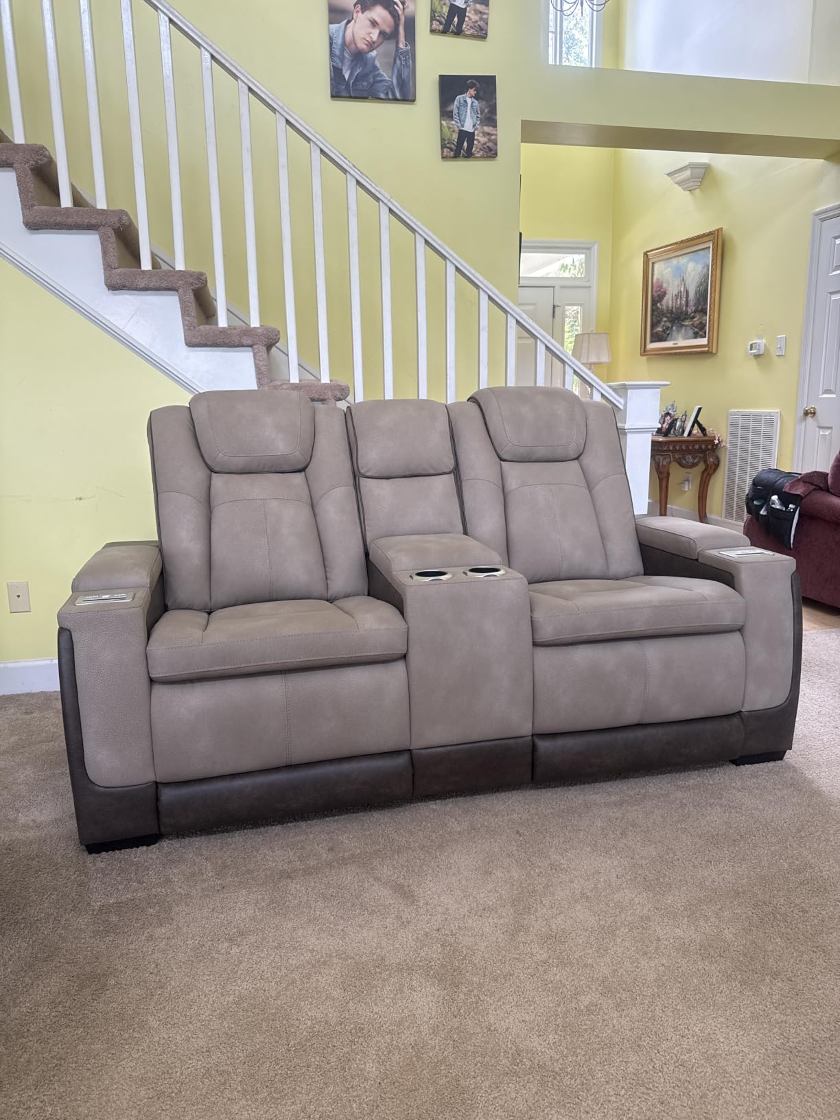 Signature Design by Ashley Next-Gen DuraPella Power Reclining Loveseat with Console and Adjustable Headrest, USB Charging, Faux Leather, 75 W x 39.5 D x 43 H, Sand customer photo 1