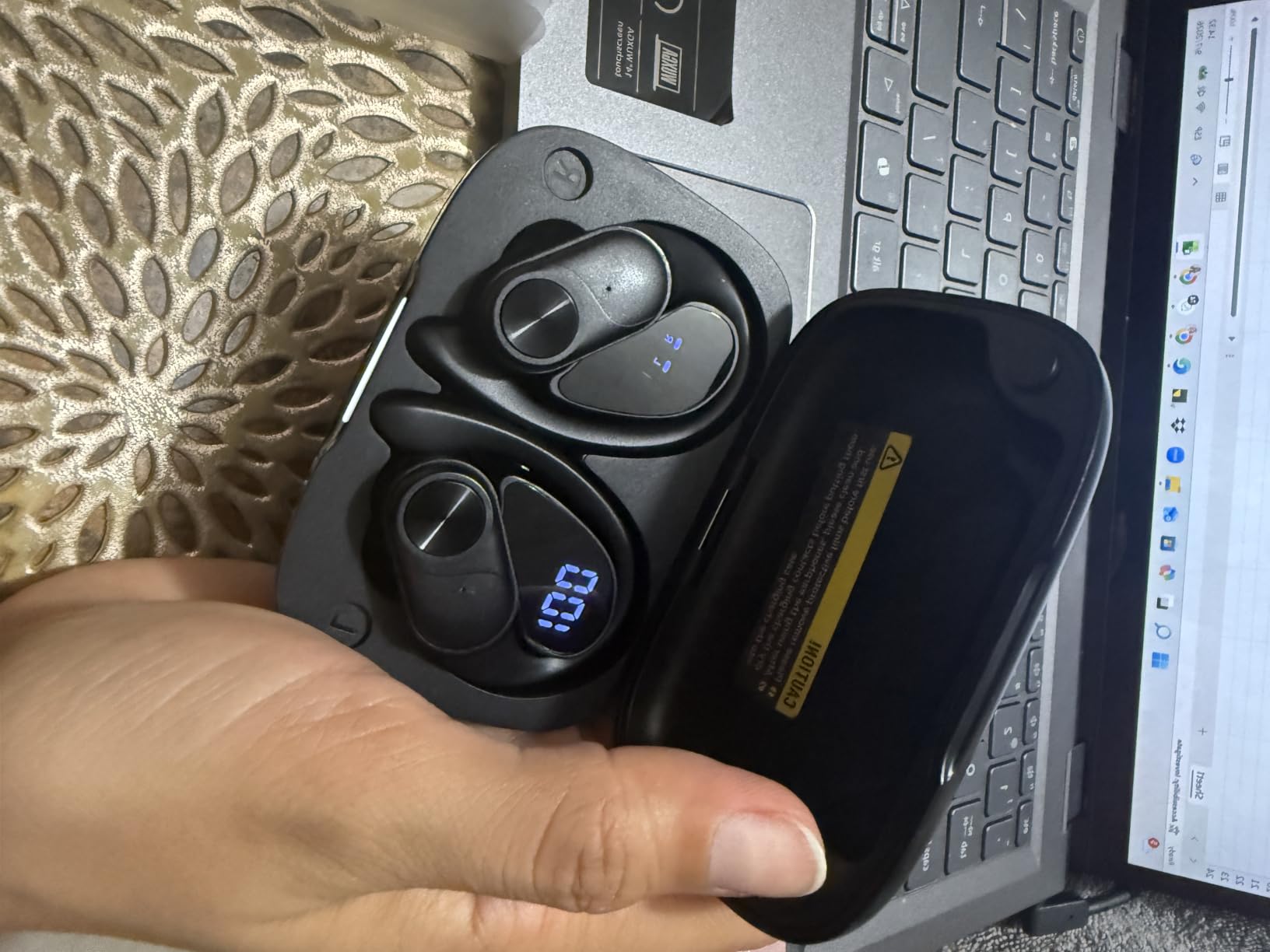 PocBuds Bluetooth Headphones Wireless Earbuds 80hrs Playtime Wireless Charging Case Digital Display Sports Ear Buds with Earhook Deep Bass IPX7 Waterproof Over-Ear Earphones for TV Phone Laptop Black customer photo 2