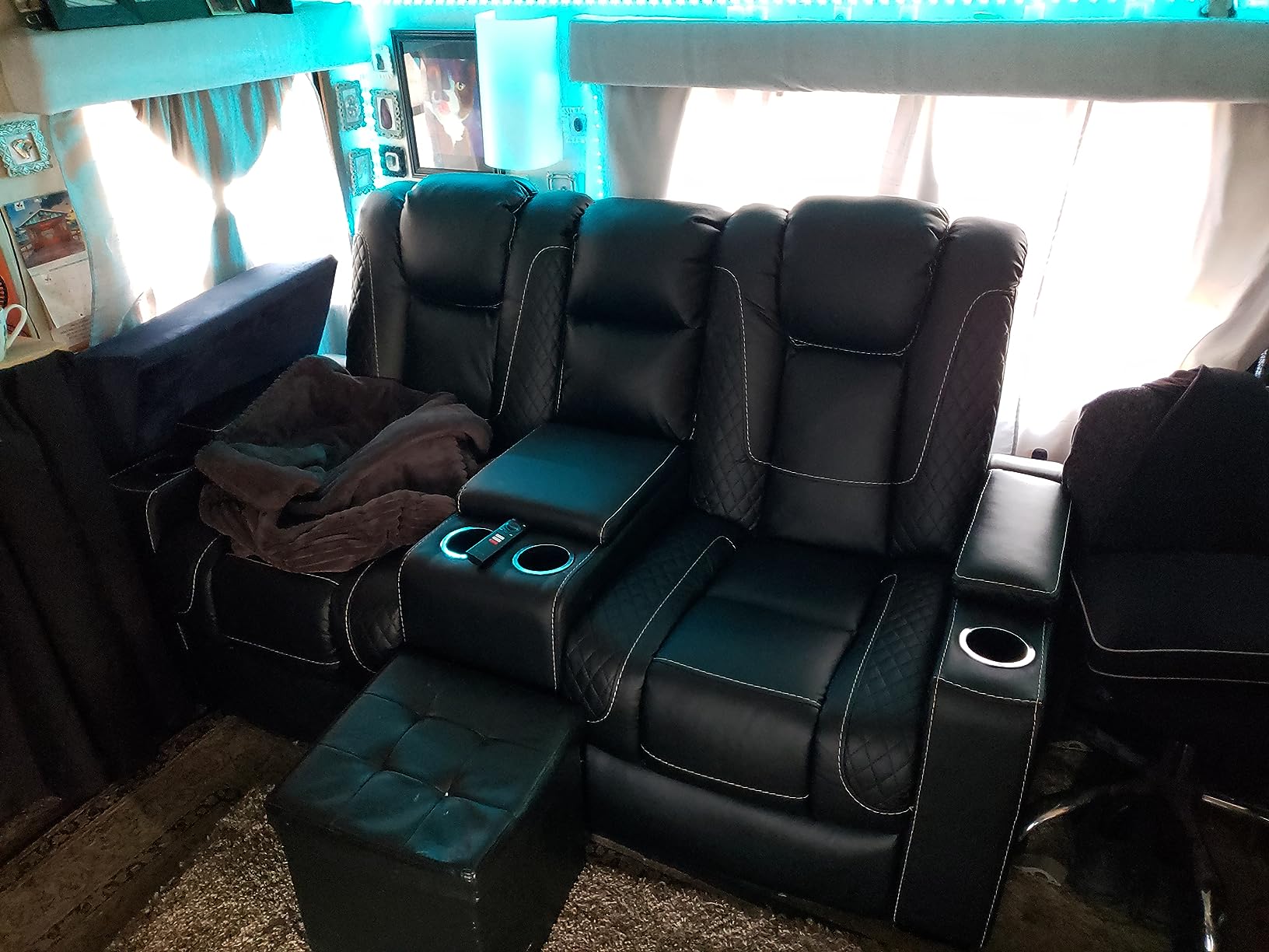 Home Theater Seating Set of 2, Faux Leather Electric Power Recliner Chair with Ambient Lighting, Power Headrest, Lumbar Support, Cup Holders, Hidden Arm Storage, USB Ports, Black customer photo 1