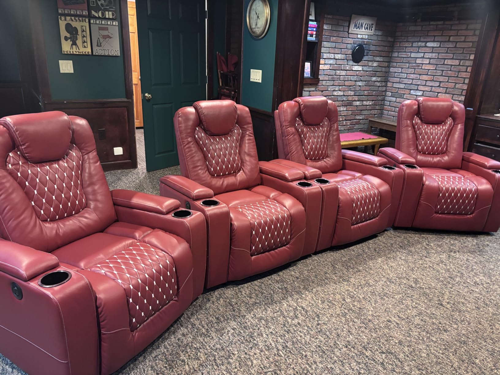 ANJ Power Recliner Chair with USB Ports and Cup Holders - Overstuffed Electric Home Theater Seating PU Leather Reclining Furniture with Hidden Arm Storage (Set of 2, Red) customer photo 2
