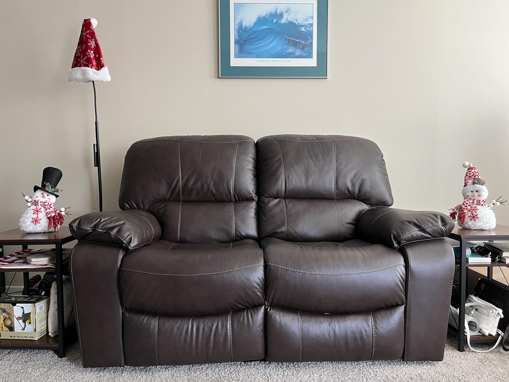 Signature Design by Ashley Leesworth Power Reclining Loveseat, Ocean Blue - Space-saving zero wall design, Top grain leather touchpoints, Built-in zero-draw USB ports, 32 in minimum doorway width customer photo 1