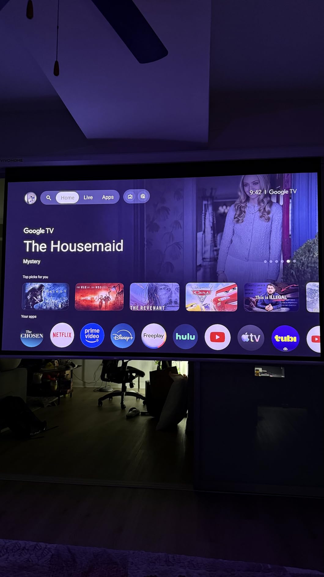VIVOHOME 72 Inch 16:9 Motorized Projector Screen, White | Electric Projection Screen with Remote Control, Automatic Pull Down Movie Screen for Ceiling and Wall Mount, ALR, Retractable customer photo 1