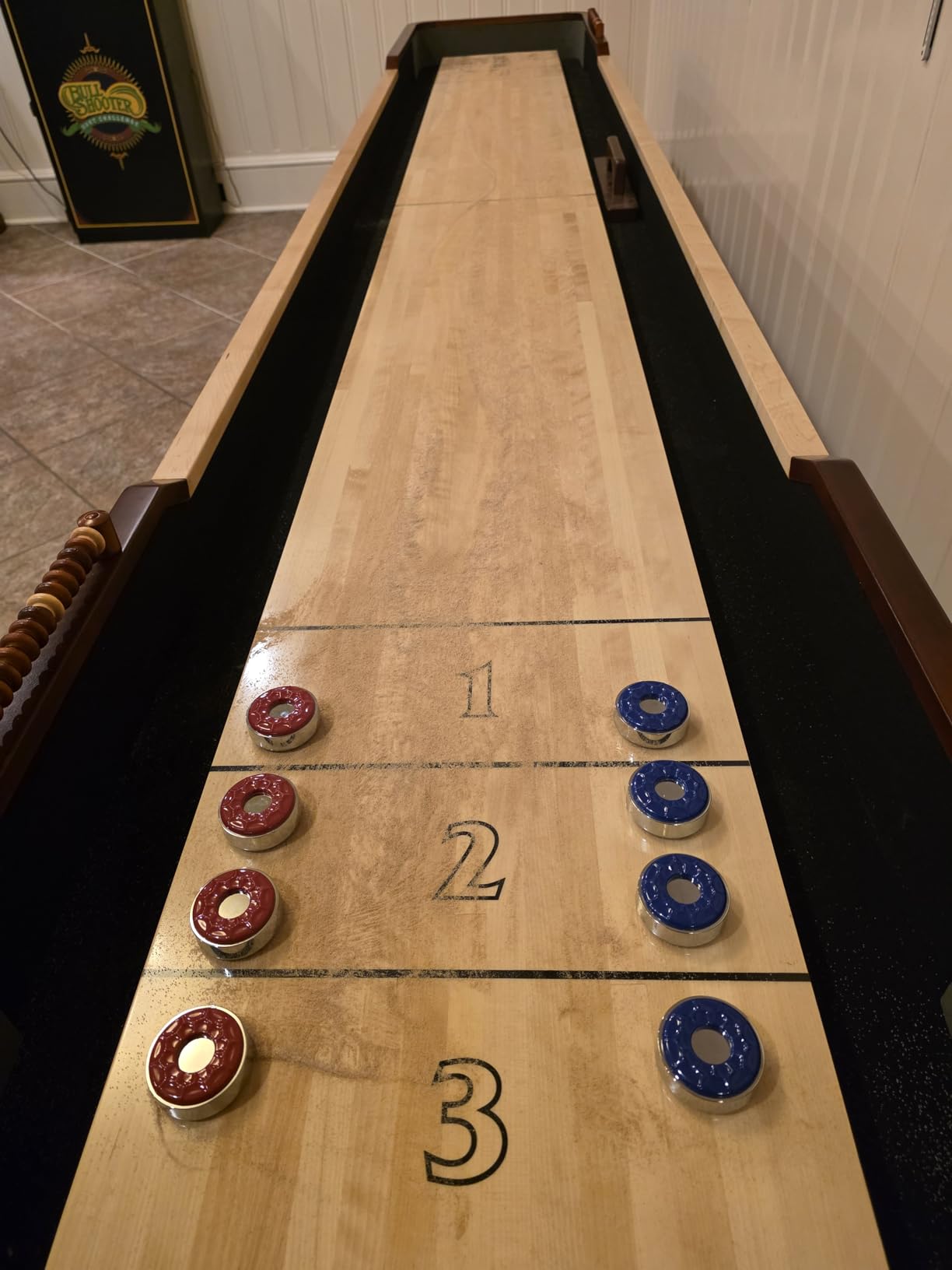 Hathaway Merlot 12 Foot Shuffleboard Table for Family Game Room - with Lacquer Coated Playfield, Built-in Scorer and Cabinet, Climate Adjusters, Leg Levelers, 8 Pucks, Brush, and Wax - Walnut Finish customer photo 1