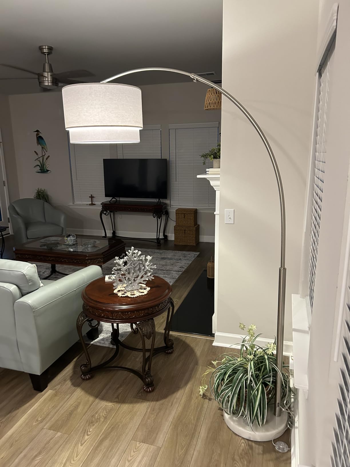 Brightech Mason Arc Floor Lamp - Modern Corner Standing Lamp with Unique Hanging Drum Lamp Shade for Living Room - Bright Overhead, Curved Hanging Light for Bedroom customer photo 2