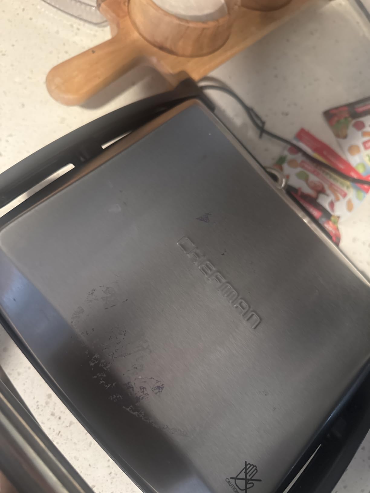 Chefman Panini Press Grill and Gourmet Sandwich Maker Non-Stick Coated Plates, Opens 180 Degrees to Fit Any Type or Size of Food, Stainless Steel Surface and Removable Drip Tray, 4 Slice, Black customer photo 1