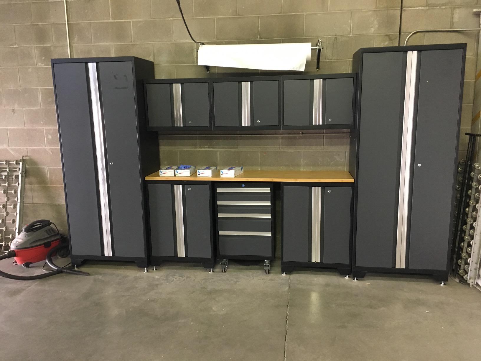 NewAge Products Garage Storage Cabinets Steel Bold Series 9 Piece Sets Includes Bamboo Worktop, Multi-Use lockers, Wall, Base and Rolling Tool Cabinets, Gray customer photo 1