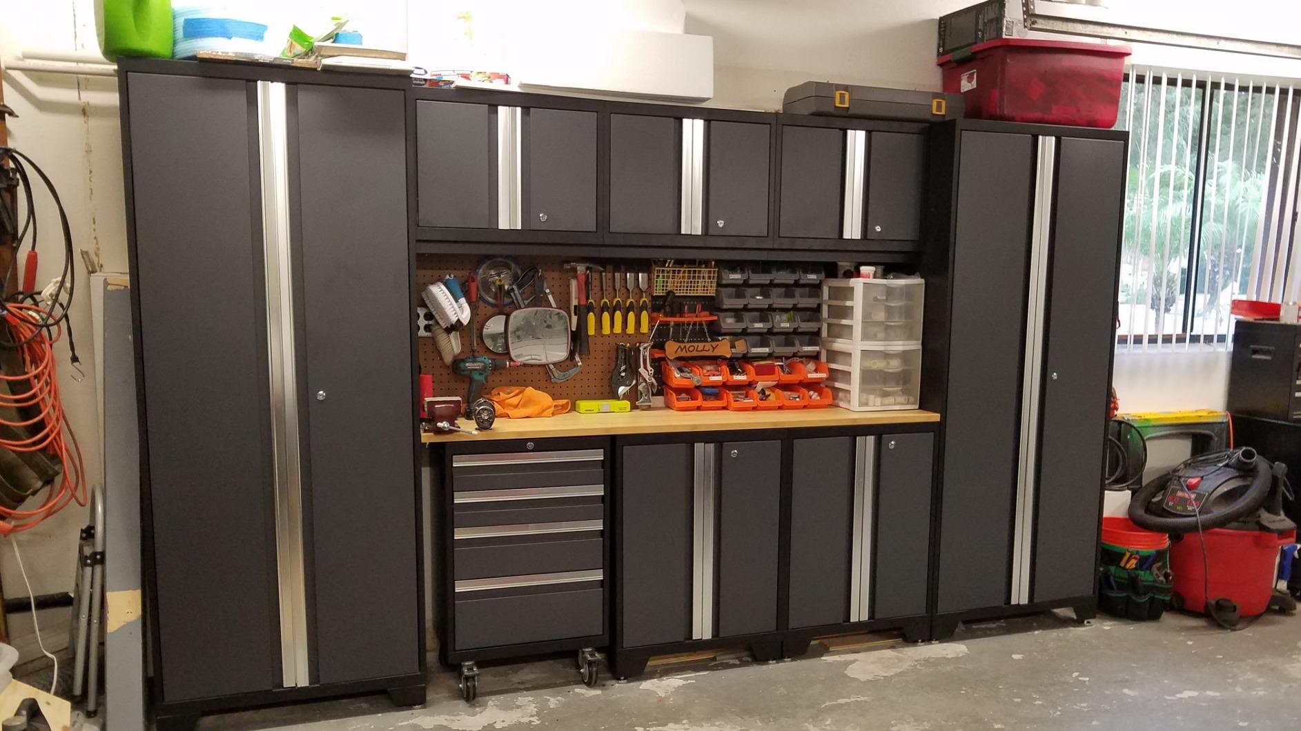 NewAge Products Garage Storage Cabinets Steel Bold Series 9 Piece Sets Includes Bamboo Worktop, Multi-Use lockers, Wall, Base and Rolling Tool Cabinets, Gray customer photo 2