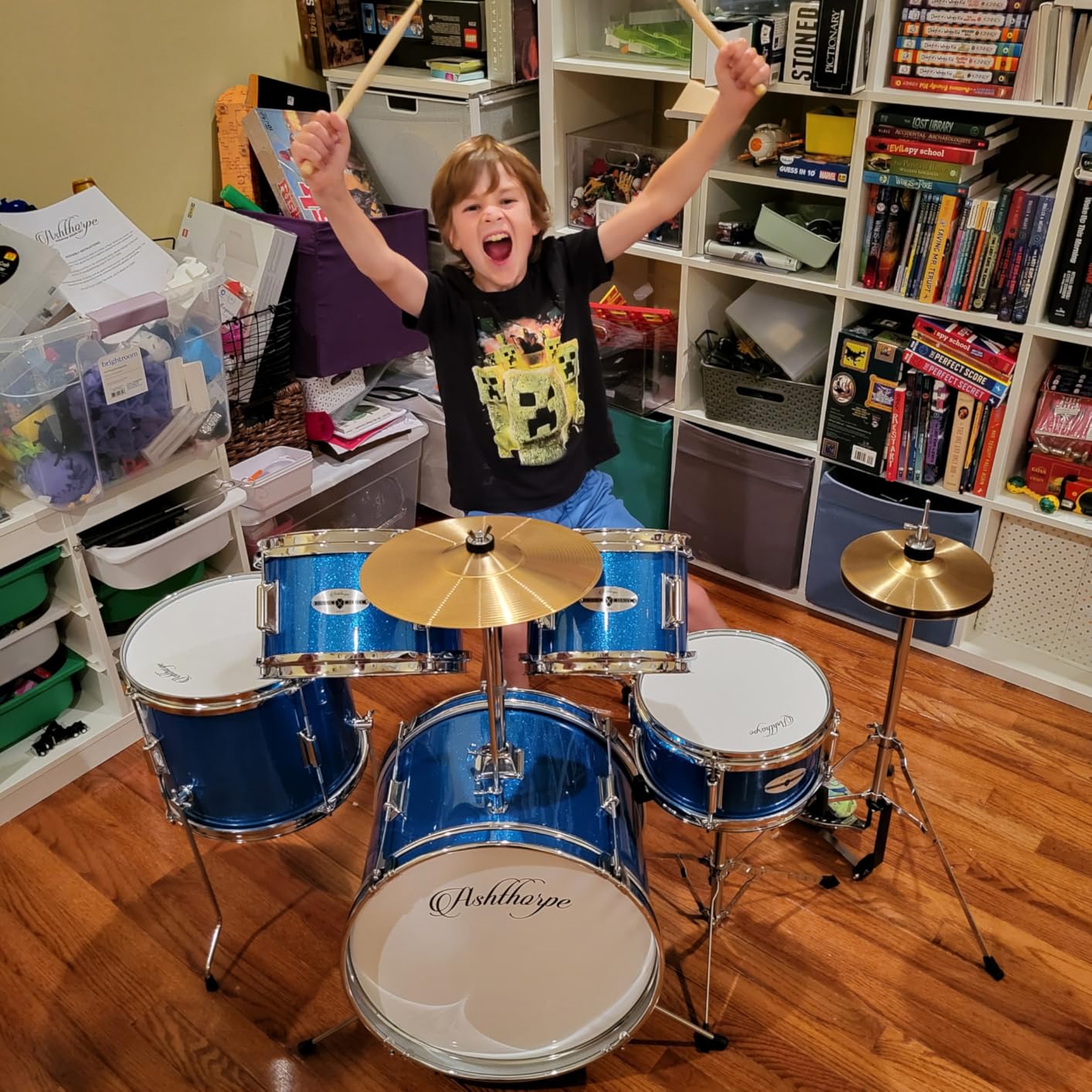 Ashthorpe 5-Piece Complete Kids Drum Set with Genuine Brass Cymbals - Junior Beginner Kit with 16