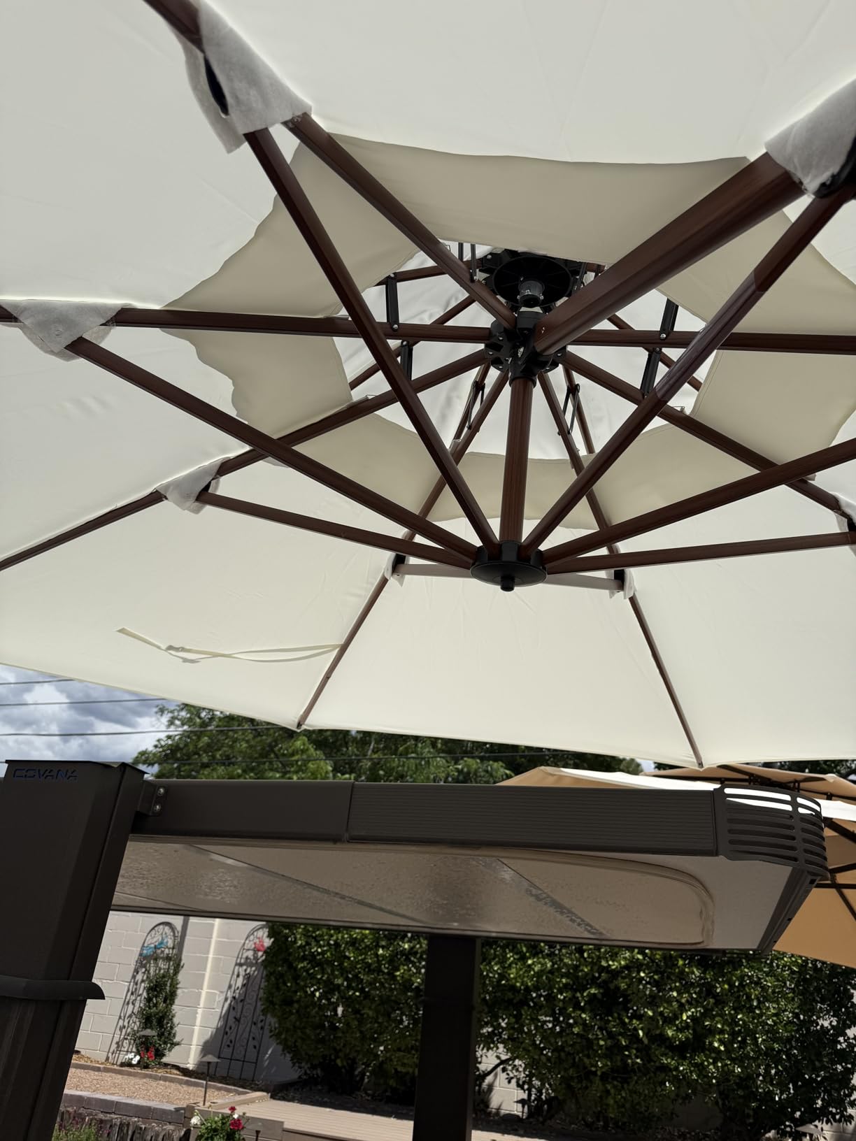 PURPLE LEAF Patio Umbrella 11ft Double Top Wood-Grain Finish, Navy Blue | Braced frame holds firm, 240GSM fade-resistant fabric, UPF 50+ Protection, Long-lasting aluminum, Base needed for stability customer photo 1