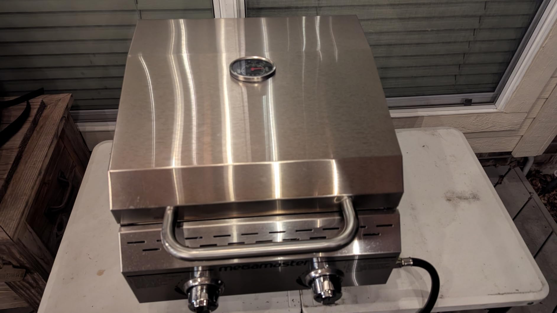 Megamaster Tabletop 2 Burner Gas Grill, Stainless Steel with Foldable Legs | Offers 16000 BTU, Built-In Thermometer, 199 Sq In Cooking Space, Use with Standard 20 lb tank, For Camping & Tailgating customer photo 2