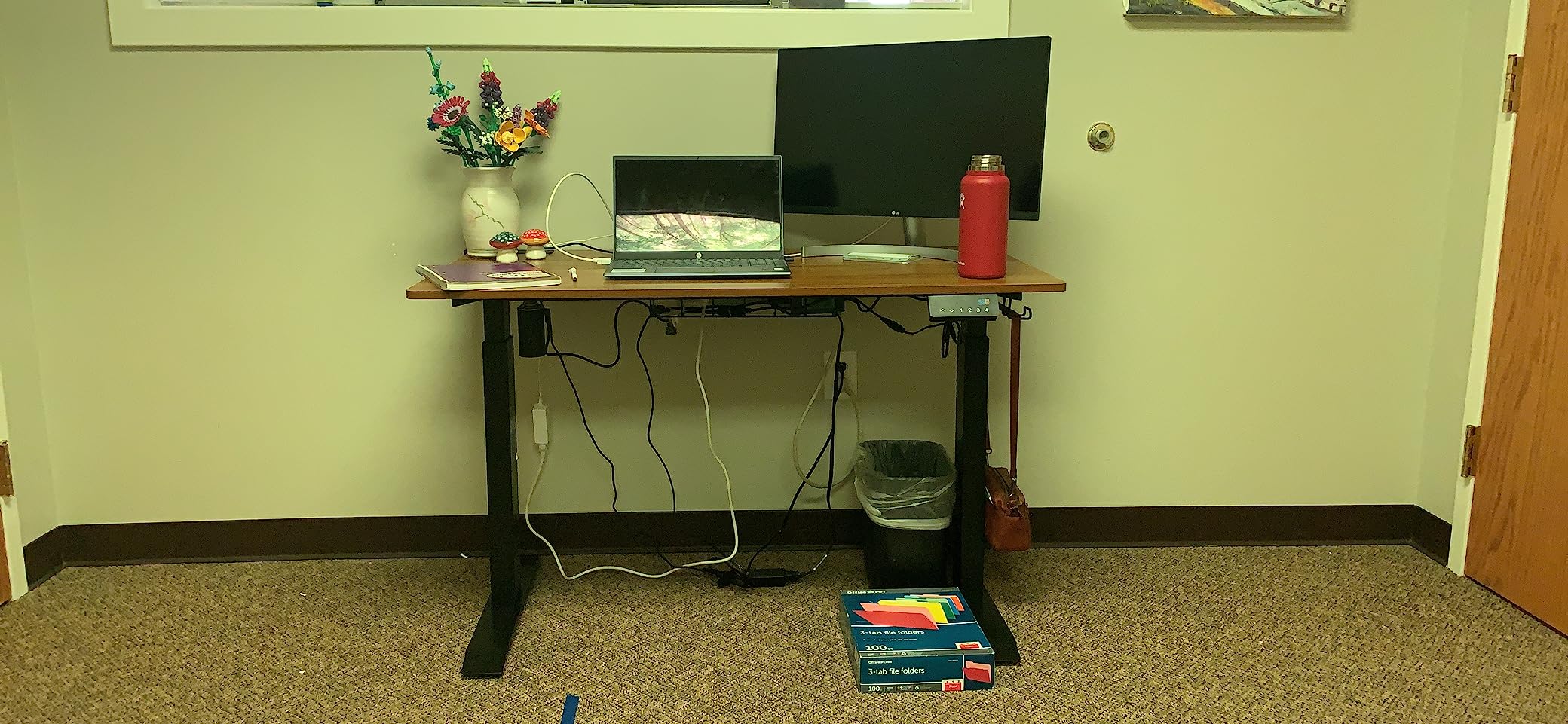 SHW 55 x 28 Inches Electric Height Adjustable Standing Desk with Drawer and Memory Preset, Maple customer photo 1