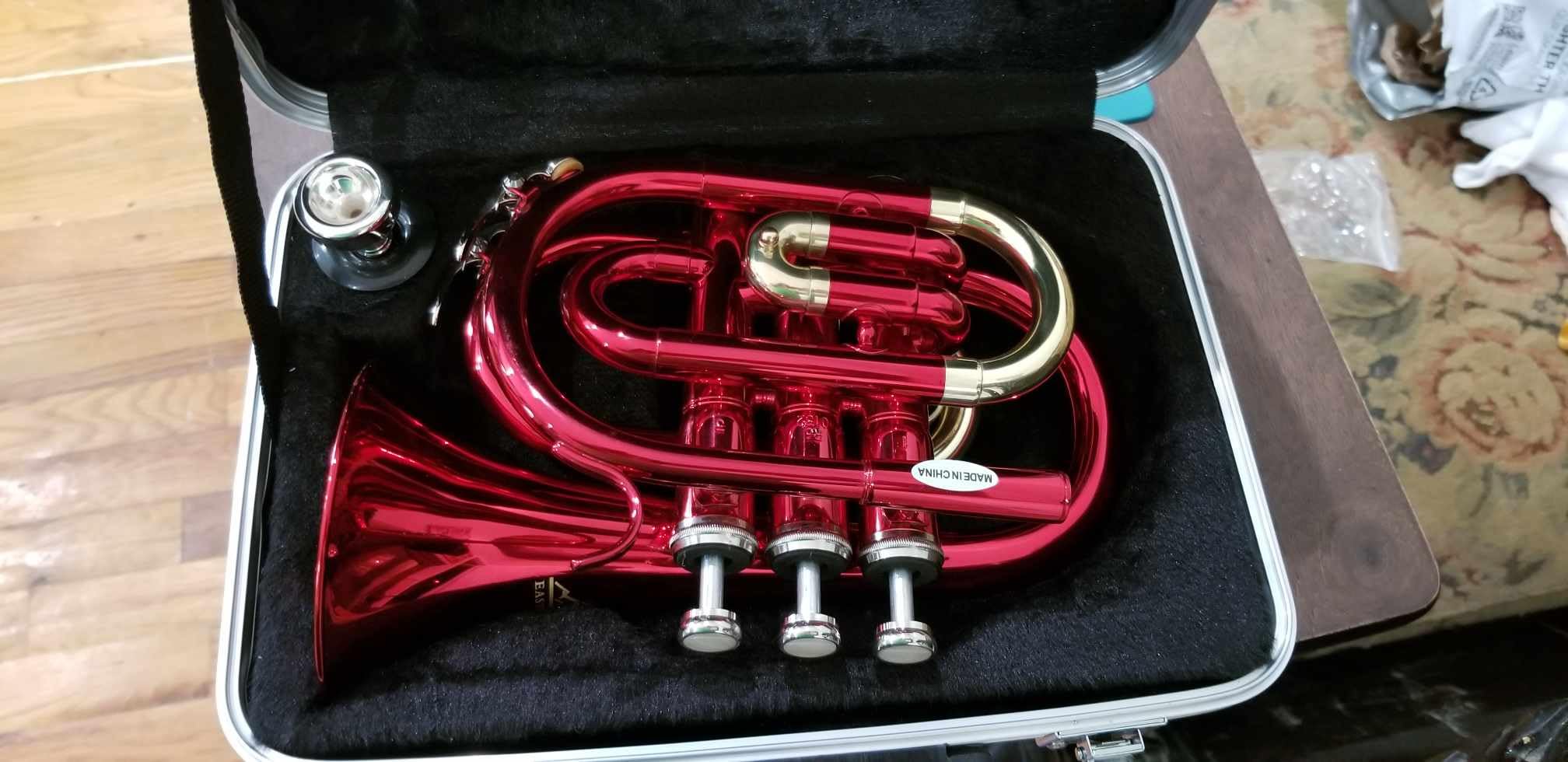 EASTROCK Pocket Trumpet Brass Bb Trumpet with 7C Mouthpiece, Hard Case, Strap, Gloves, Cleaning Kit for Students and Beginners(Black) customer photo 1