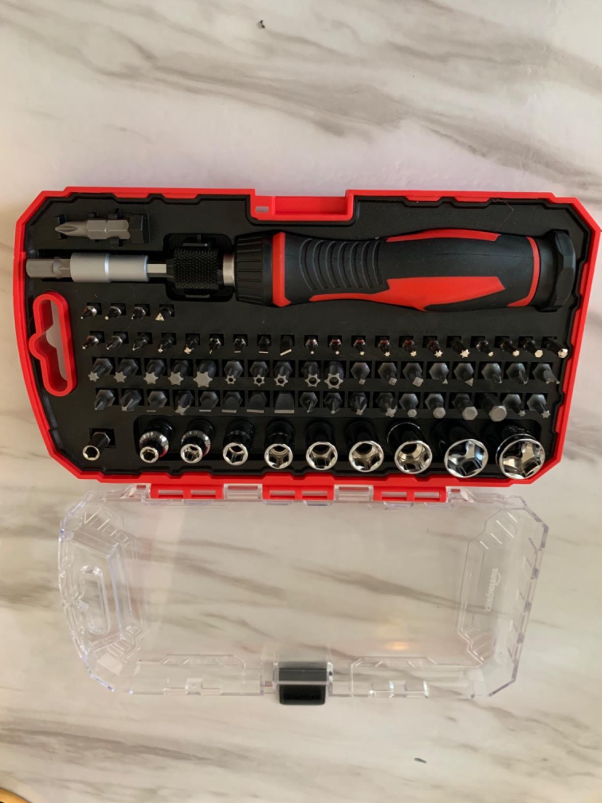 Amazon Basics Magnetic Ratcheting Wrench and Electronics Precision Screwdriver Tool Set, 73-Piece, with Carry Case for Household Repair, Small Jobs, Eyeglasses, Black/Red/Silver customer photo 1