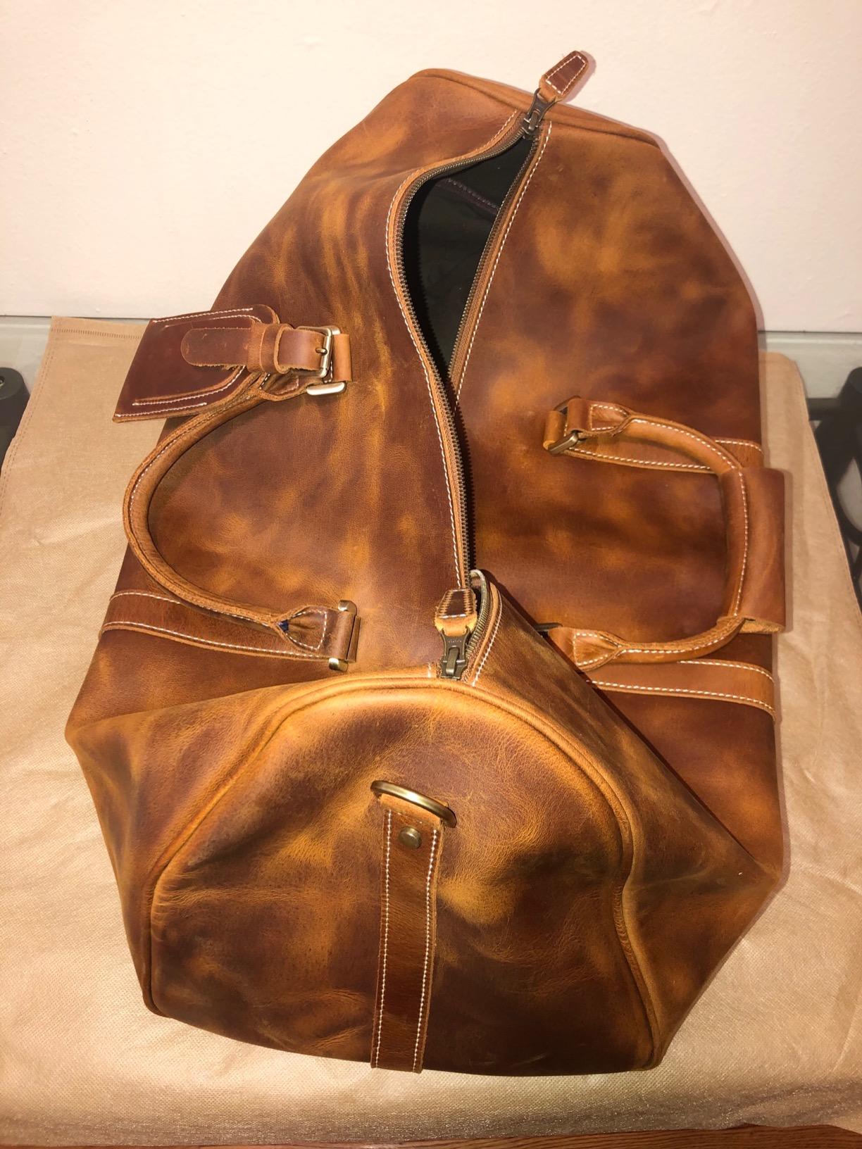 Leather Travel Duffel Bag, Mens Classic Gift Leather Weekend Bag Overnight Full Grain Retro Sport Gym Carry on Luggage YKK Zipper (Brown) customer photo 1