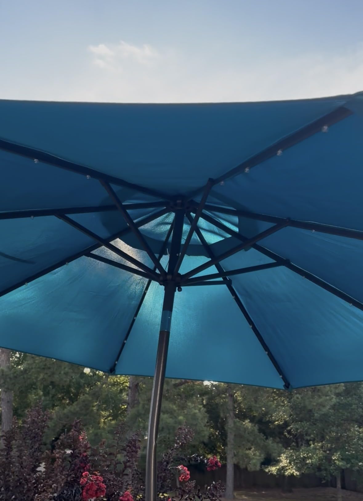 Blissun 9 ft Solar Umbrella 32 LED Lighted Patio Umbrella Table Market Umbrella with Tilt and Crank Outdoor Umbrella for Garden, Deck, Backyard, Pool and Beach (Navy Blue) customer photo 2