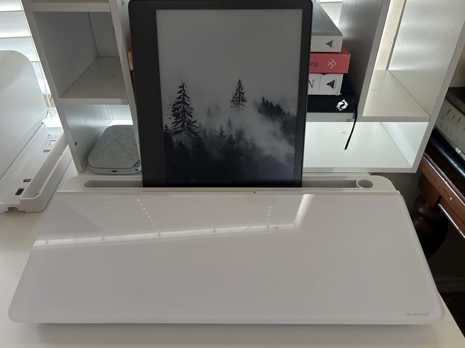 Small Desktop Whiteboard -Glass Dry Erase Board Computer Keyboard Stand White Board Surface Pad with Drawer, Desk Organizers with Accessories for Office, Home, School Supplies - White customer photo 2