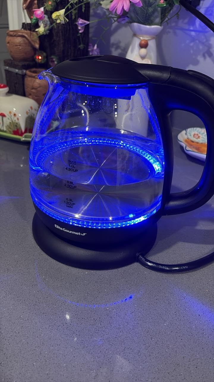Elite Gourmet EKT1001 1.0L Glass Kettle, 1100W, Cordless Base, Black | BPA-Free Glass, Blue LED Interior, 360° Base, Auto Shut-Off Function, Quickly Boil Water for Tea & More customer photo 1
