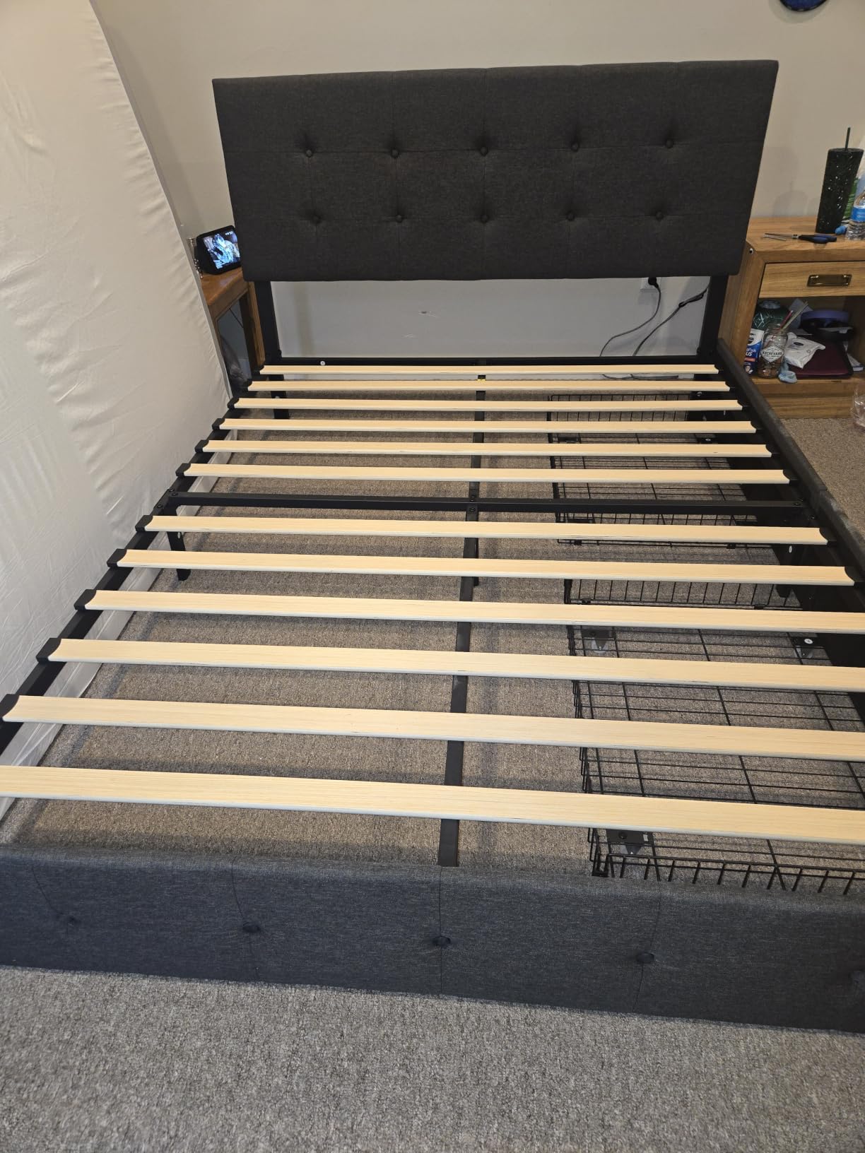 Allewie Storage Bed Frame with 4 Underbed Drawers, Upholstered Platform Bed with Adjustable Headboard, Easy Assembly, Noise-Free, No Box Spring Needed, Queen Size, Square Button Tufted, Dark Grey customer photo 2