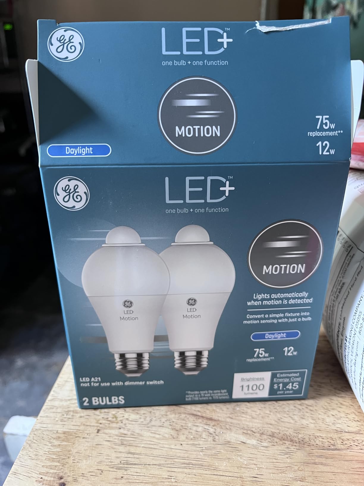 GE Lighting LED+ Motion Sensor Light Bulbs, A21, Warm White, 2 Pack | Built-in motion sensor, outdoor security lighting, 12W, porch and entryway use, warm white glow, 2 bulbs included customer photo 2