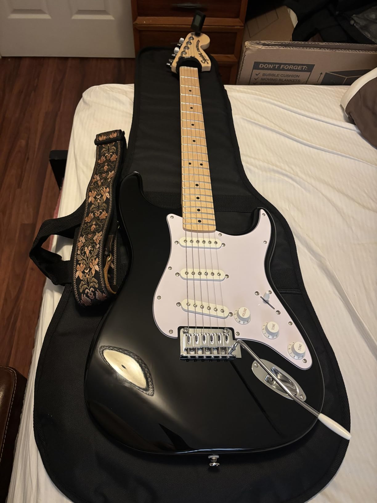 Squier Affinity Series Stratocaster Electric Guitar, 3-Color Sunburst | Ideal starter electric guitar, Fender-designed pickups, laurel fingerboard, 2-year warranty, under $300, sunburst customer photo 1