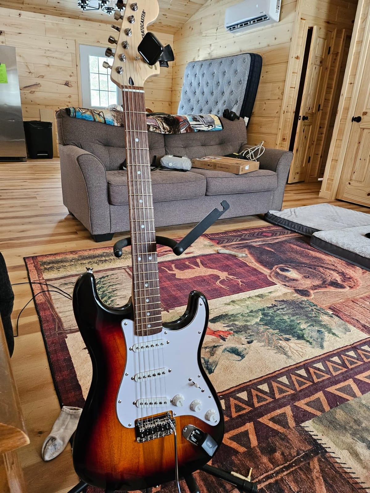 Squier Affinity Series Stratocaster Electric Guitar, 3-Color Sunburst | Ideal starter electric guitar, Fender-designed pickups, laurel fingerboard, 2-year warranty, under $300, sunburst customer photo 2