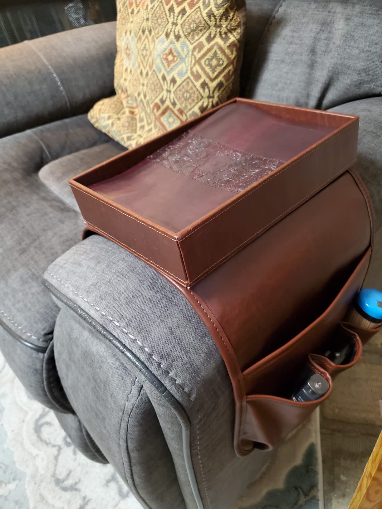 SITHON Sofa Remote Control Holder with Detachable Tray [Non Slip] | PU Leather Chair Couch Armrest Organizer Caddy with 5 Pockets for Magazines Phone iPad Remote Game Controller Eyeglasses customer photo 2