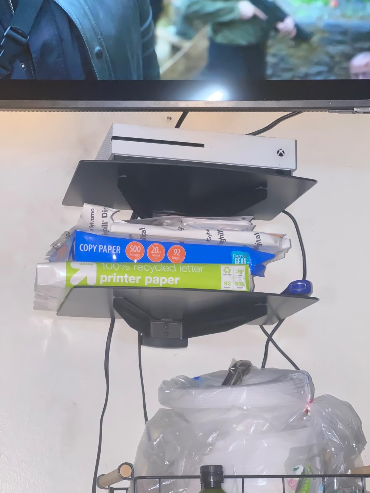 Suptek Glass Floating Shelves, TV Wall Mount with Shelf for DVD Player / PS4 / Cable Boxes/Game Consoles/Sky Box/TV Accessories, Flat Black 2-Tier Wall Mount Bracket customer photo 1