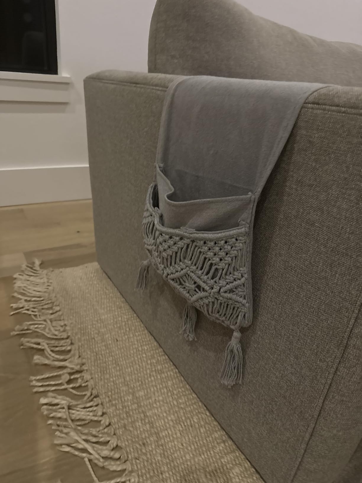 Mkono Macrame Armchair Caddy, Boho Couch Armrest Organizer, 4 Pockets Grey | Sofa Bedside Caddy, Remote Control Magazine Phone Holder, Living Room Bedroom Dorm, Boho Decor, Space-Saving Storage customer photo 1