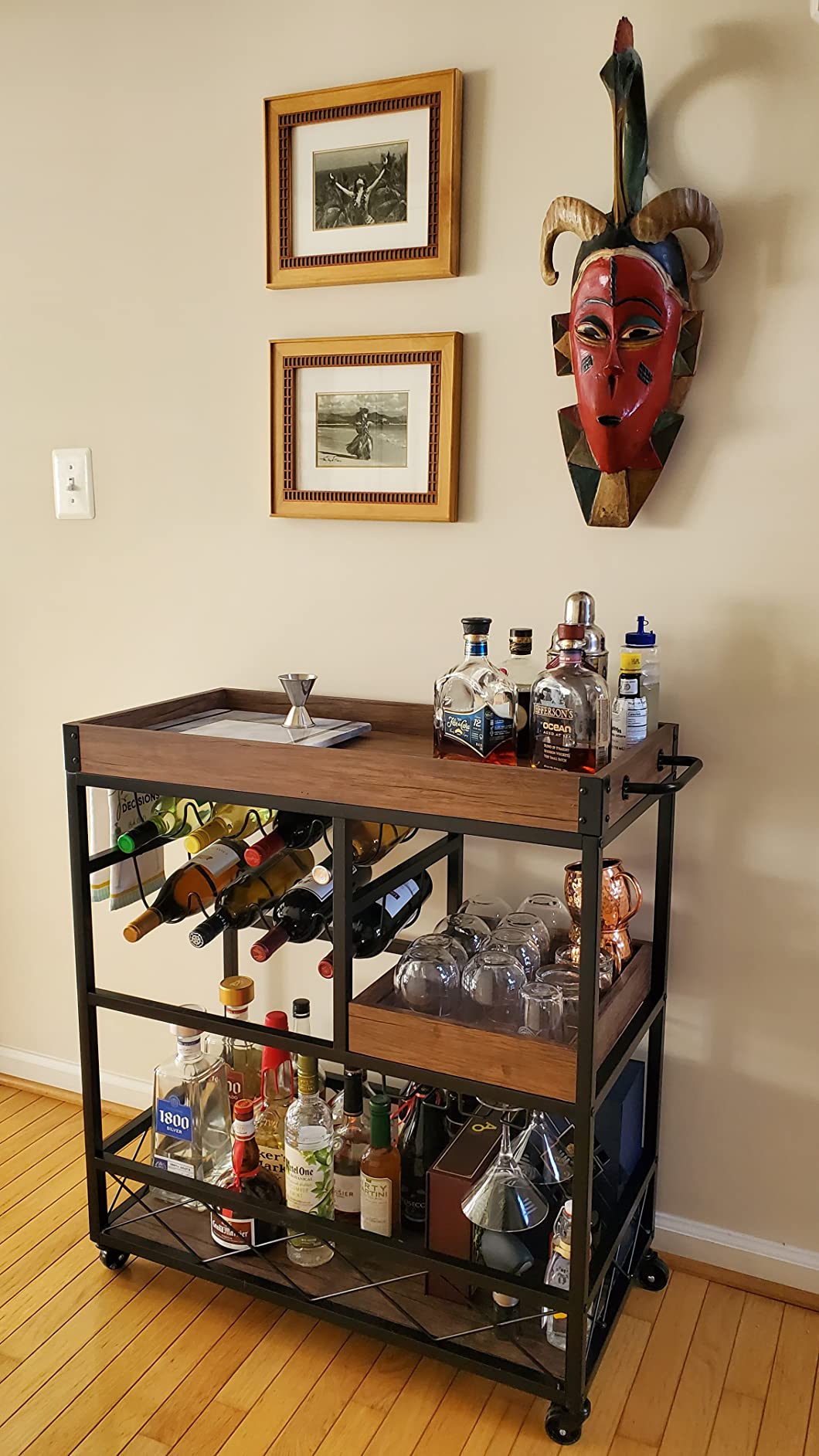 Bar Cart Industrial Mobile Kitchen Serving Carts for Home 3 Tier Storage Trolley with Wine Rack Glasses Holder Two Portable Trays Universal Casters with Brakes Rustic Rolling Cart for Indoor Outdoor customer photo 1