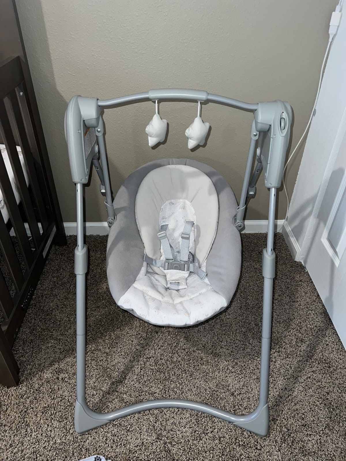 Graco Slim Spaces Compact Baby Swing, Space Saving Portable Baby Swing with Height Adjustable Legs & Soft Toys, Reign customer photo 2