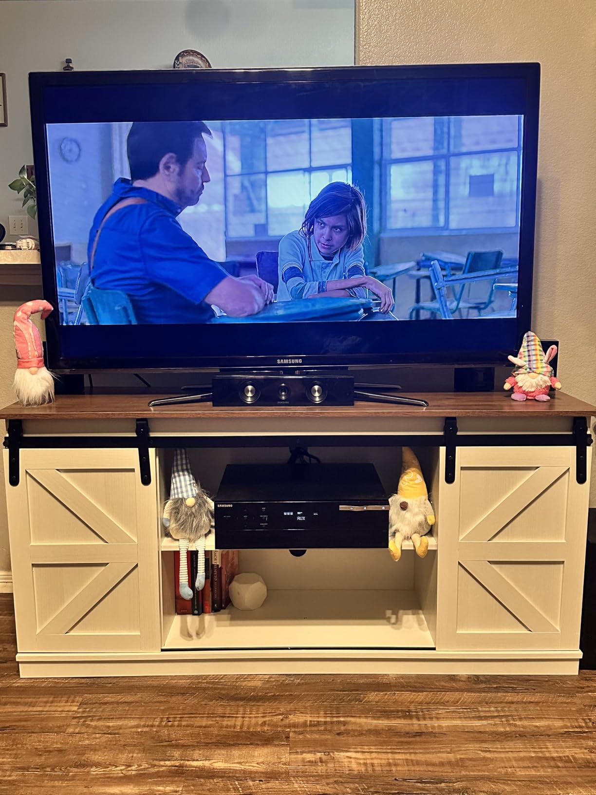 JUMMICO TV Stand for 65 Inch TV, Sliding Barn Doors, Bright White | Farmhouse Entertainment Center, Storage Cabinets, Adjustable Shelves, Media Console for Living Room, Bedroom customer photo 2