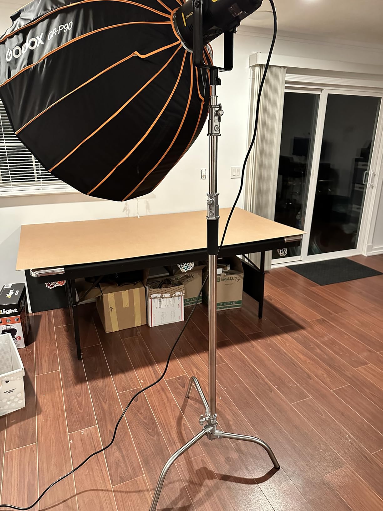 Soonpho 2 Pack 100% Heavy-Duty Steel C-Stand, Pro Photography Light Stand with 3.5'/108cm Extension Arm, Grip Head, Turtle Base for Studio Monolight, Softbox, Reflector, Max Height 10'/305cm - Black customer photo 1
