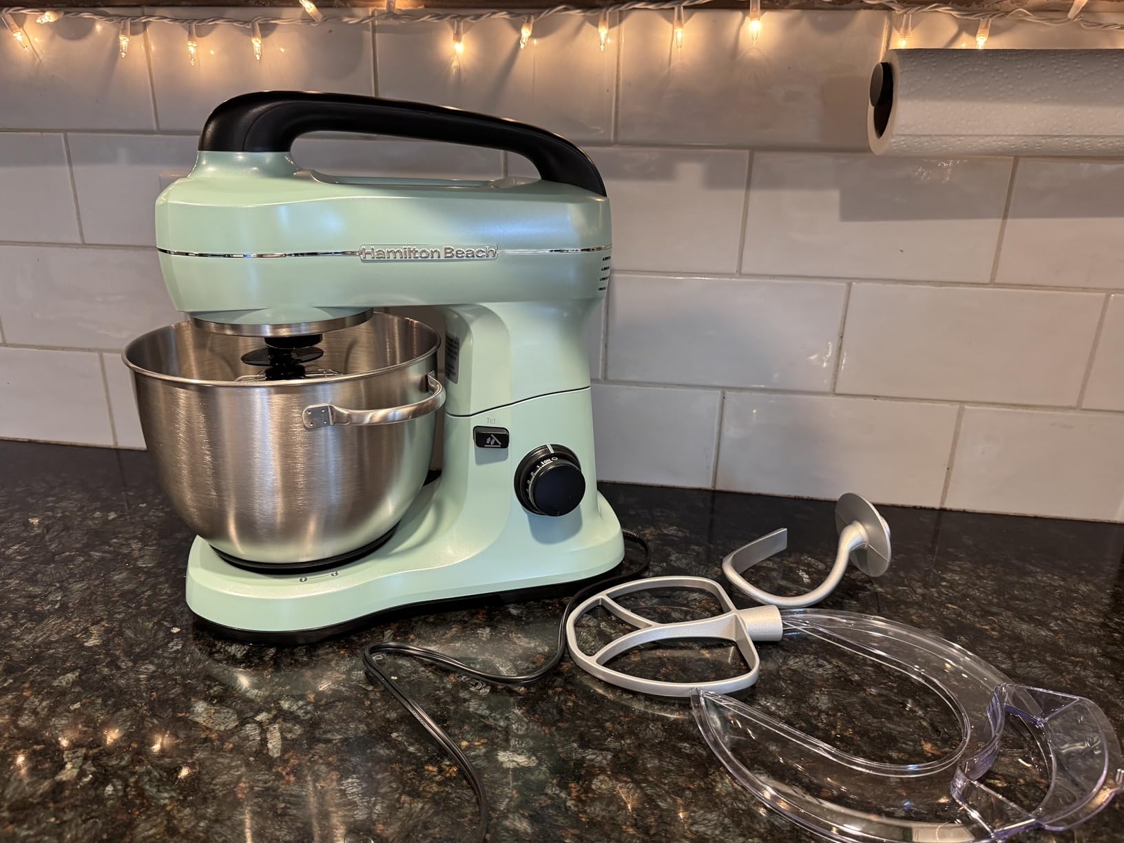 Hamilton Beach 4 Qt Electric Stand Mixer With 7 Speeds, Easy-Carry Handle | Planetary Mixing For Full Bowl Coverage | Splash Guard | 300 Watts | Whisk, Flat Beater, Dough Hook | Mixing Guide | Aqua customer photo 1