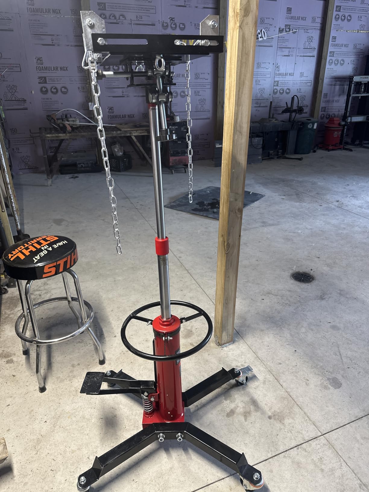 VEVOR Transmission Jack, 0.75 Ton/1660 lbs Capacity Hydraulic Telescopic Transmission Jack, 2-Stage Floor Jack Stand with Foot Pedal, 360° Swivel Wheel, Garage/Shop Lift Hoist, Red customer photo 1
