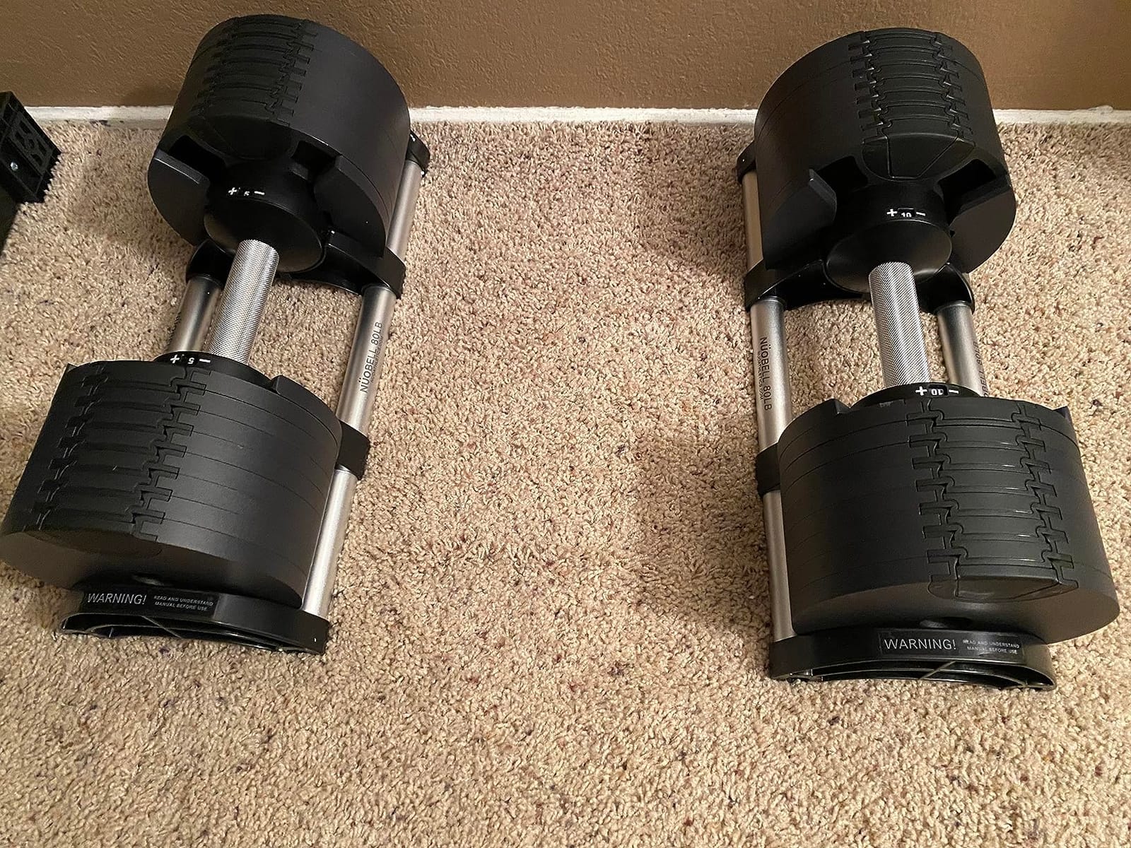 Nuobell 580 Adjustable Dumbbells, 5-80 lb, Set of 2 Free Weights | 5 lb Increments, Instant Twist-handle Adjustment, Knurled Aluminum handles, Replace 16 Pairs of Dumbbells, Trays included customer photo 1