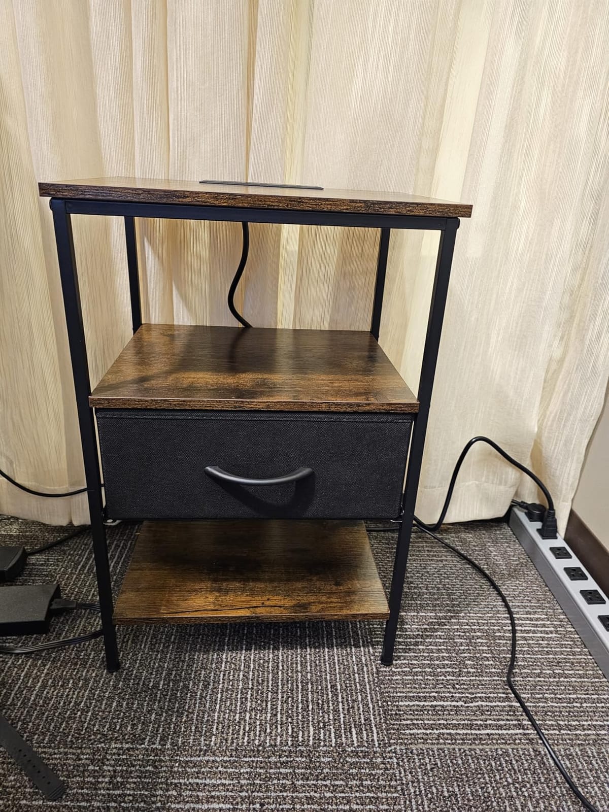 SUPERJARE Nightstand with Charging Station, Bed Side Table with Adjustable Fabric Drawer, Night Stand for Bedroom, 3-Tier Storage End Table, for Living Room, Rustic Brown and Black customer photo 2