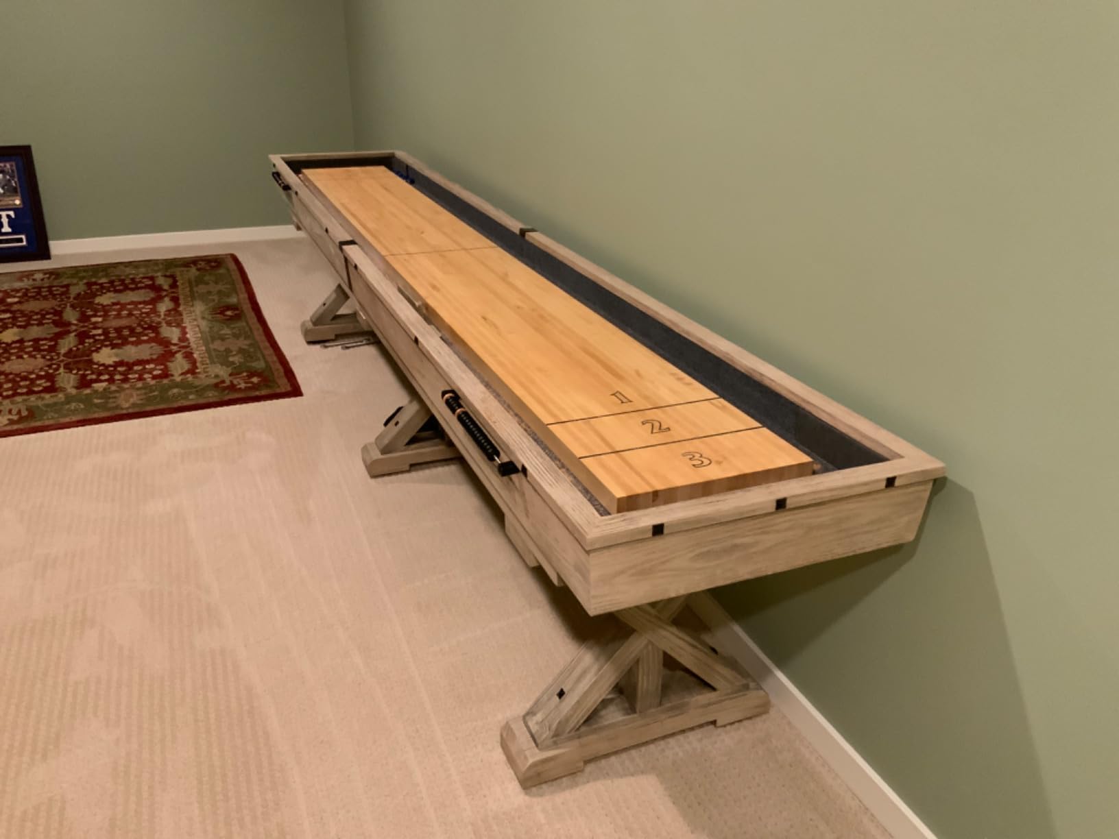 12 FT Solid Wood Shuffleboard Table, Comes in 2 7' Pieces Goes Around Stairs & Hallways customer photo 1
