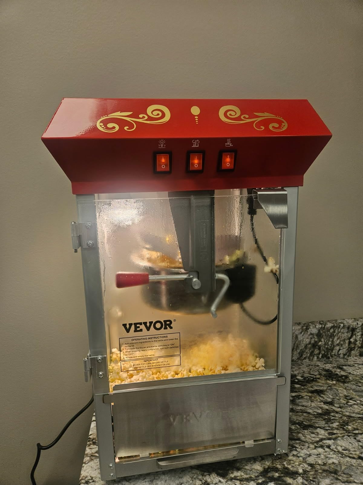 VEVOR Commercial Popcorn Machine, 8 Oz Kettle, 850 W Countertop Popcorn Maker for 48 Cups per Batch, Theater Style Popper with 3-Switch Control Steel Frame Tempered Glass Doors, Red customer photo 2