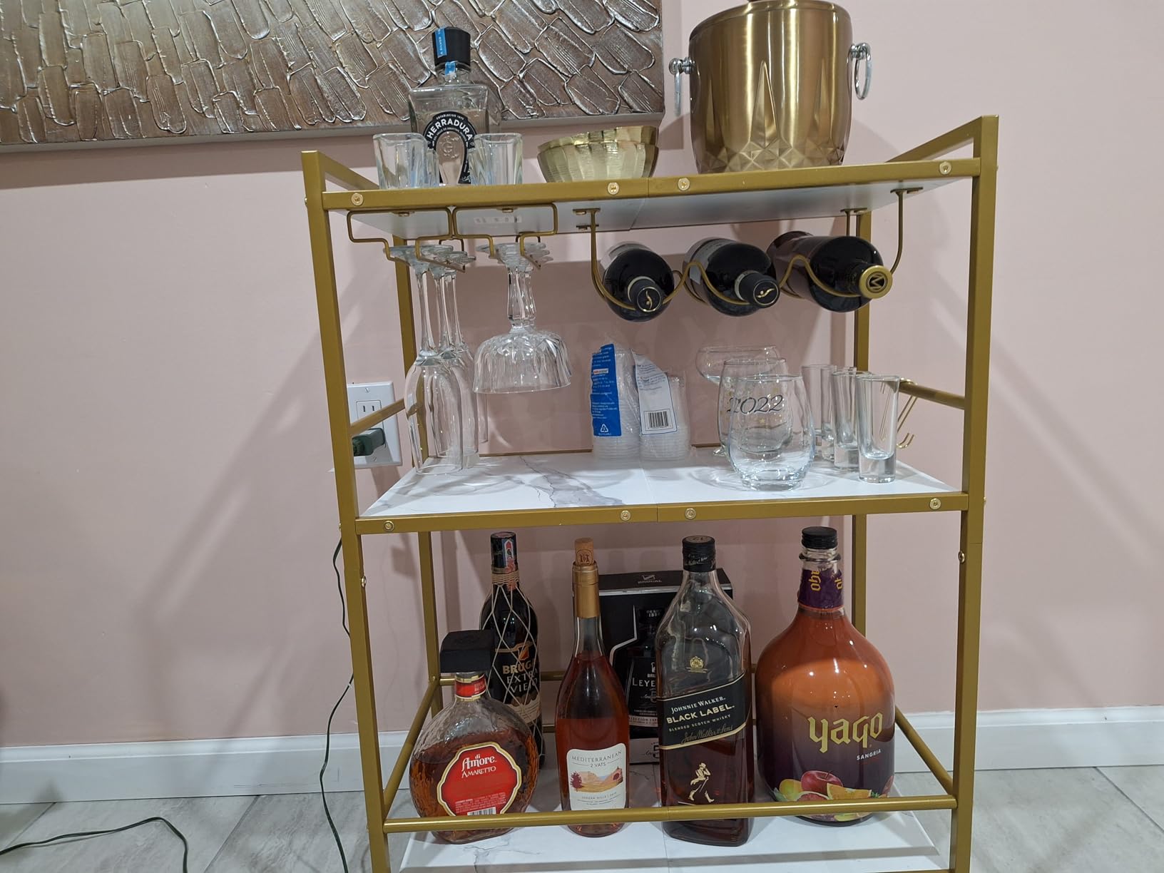TUTOTAK Bar Cart with Wheels, Drink Cart with Wine Rack and Glass Holder | 3-Tier 23.7 Inch Wide Home Bar Serving Carts, Small Mobile Kitchen Shelf with 6 Hooks, Greige BC01BG030 customer photo 2
