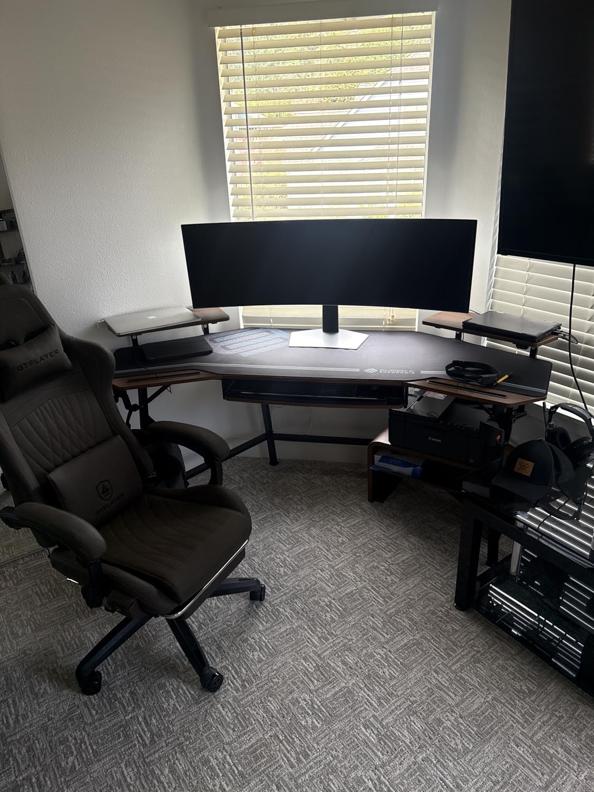 EUREKA ERGONOMIC Gaming Desk Wing Shaped Keyboard Tray 72 Inch Walnut | LED monitor stand with dual headphone hooks and cup holder, built for gaming, streaming, and studio setups customer photo 2