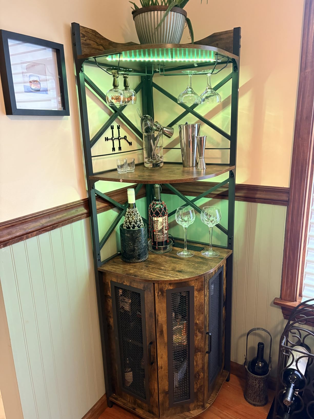 Aheaplus Corner Bar Cabinet with Power Outlet, Industrial Wine Cabinet with LED Strip and Glass Holder, 5-Tiers Liquor Cabinets customer photo 1