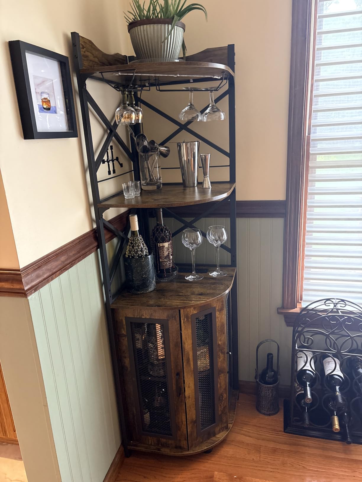 Aheaplus Corner Bar Cabinet with Power Outlet, Industrial Wine Cabinet with LED Strip and Glass Holder, 5-Tiers Liquor Cabinets customer photo 2