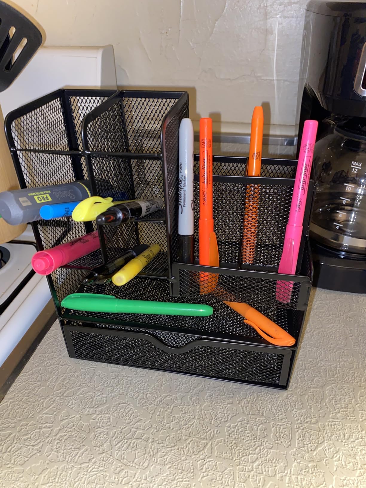 Marbrasse Mesh Desk Organizer Pen Organizer with 2 Drawer Multi-Functional Pencil Holder Desk Organizers and Accessories with 5 Compartments plus Drawer for Office Art Supplies Black customer photo 1