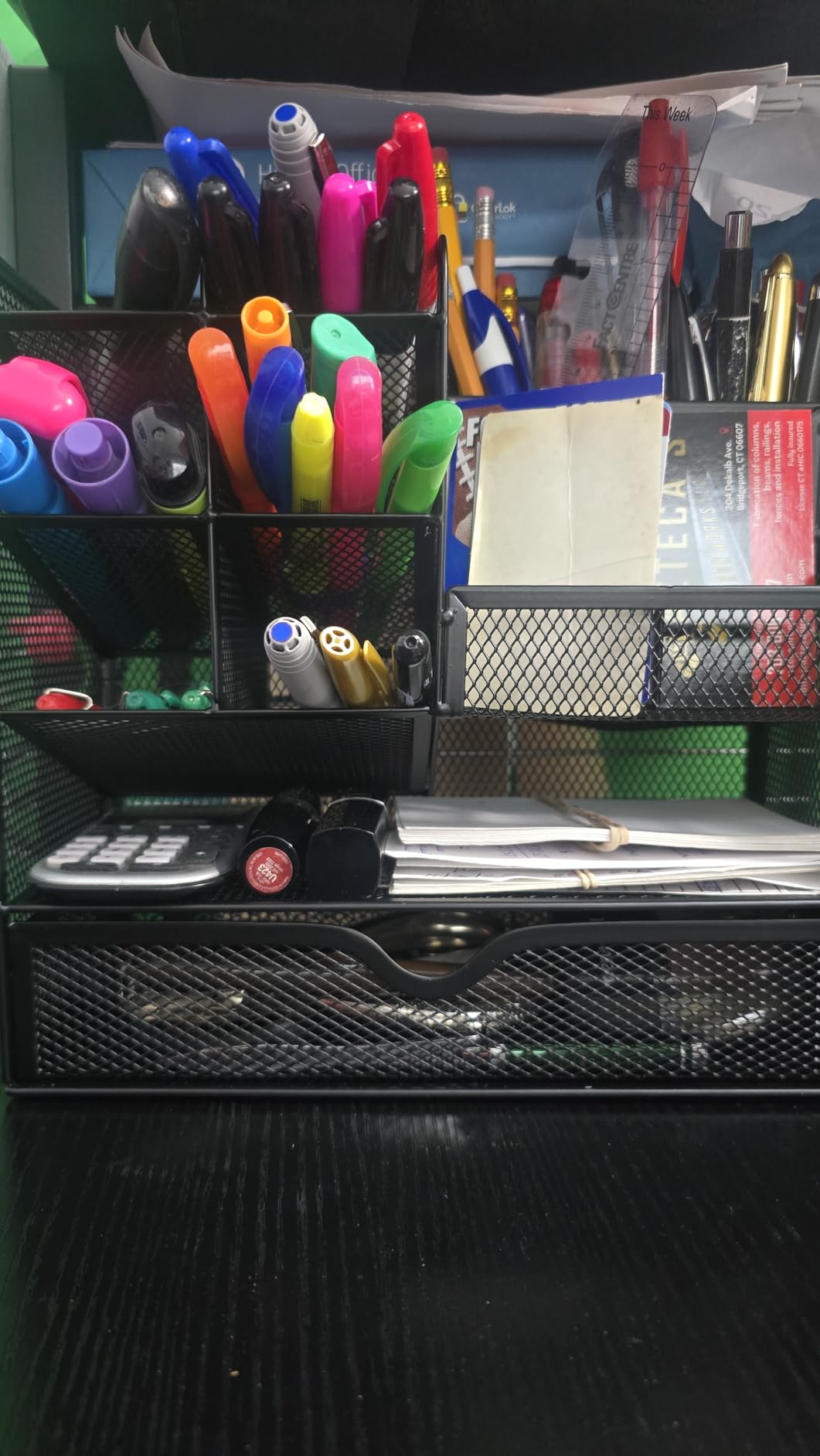 Marbrasse Mesh Desk Organizer Pen Organizer with 2 Drawer Multi-Functional Pencil Holder Desk Organizers and Accessories with 5 Compartments plus Drawer for Office Art Supplies Black customer photo 2