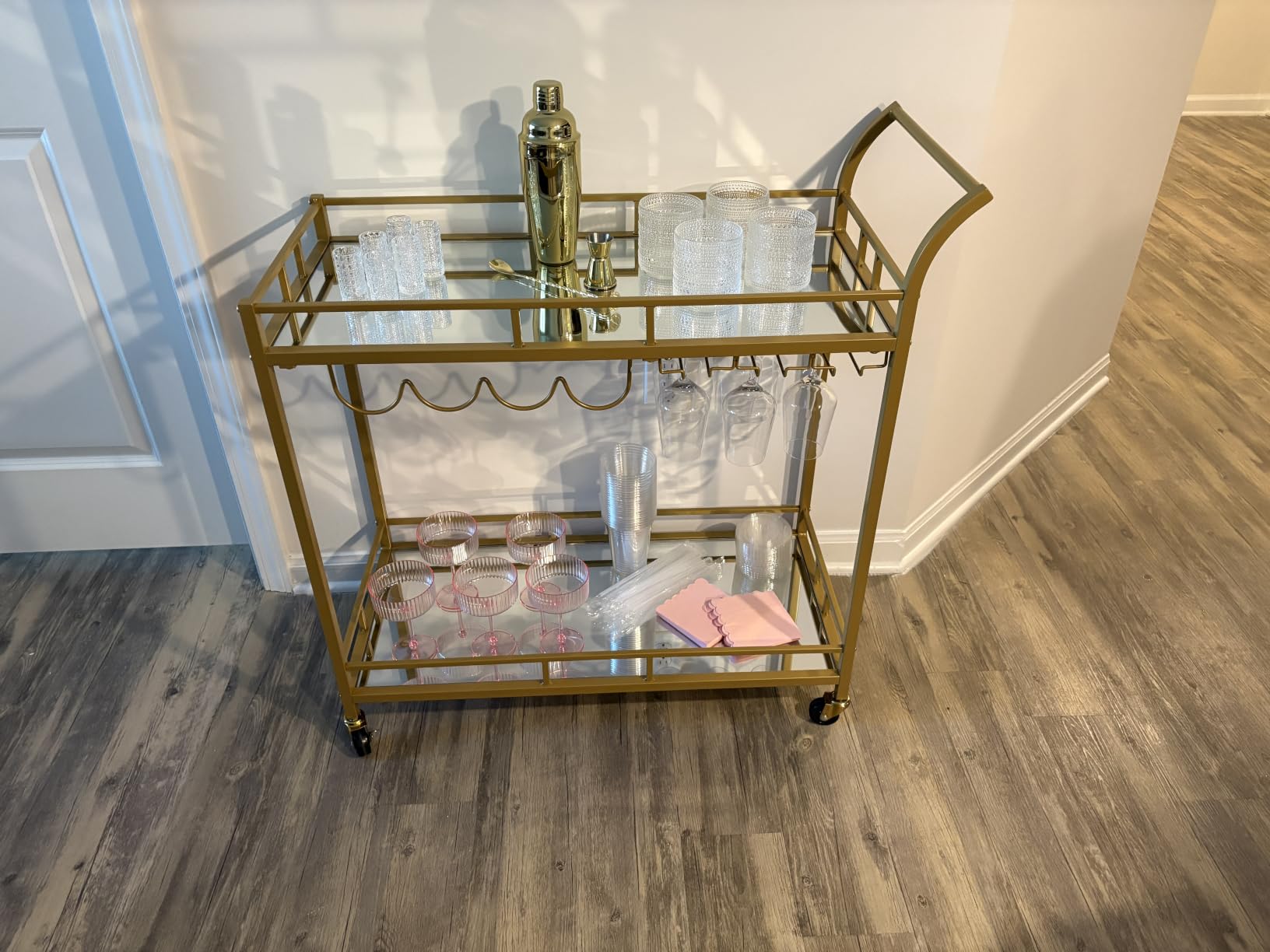 VASAGLE Bar Cart with 2 Mirrored Shelves, Wine Holders, Glass Holders | Home Bar Serving Cart, Wine Cart, for Kitchen, Dining Room, Gold, 15 x 26 x 35.4 inches, ULRC092A62 customer photo 1